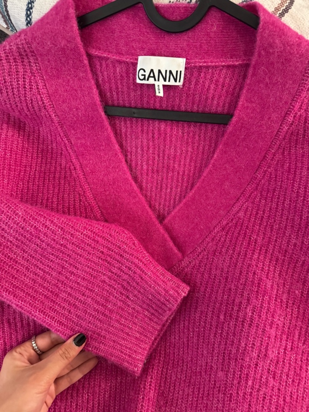 Ganni Bright Fuchsia V-Neck Knit Sweater
